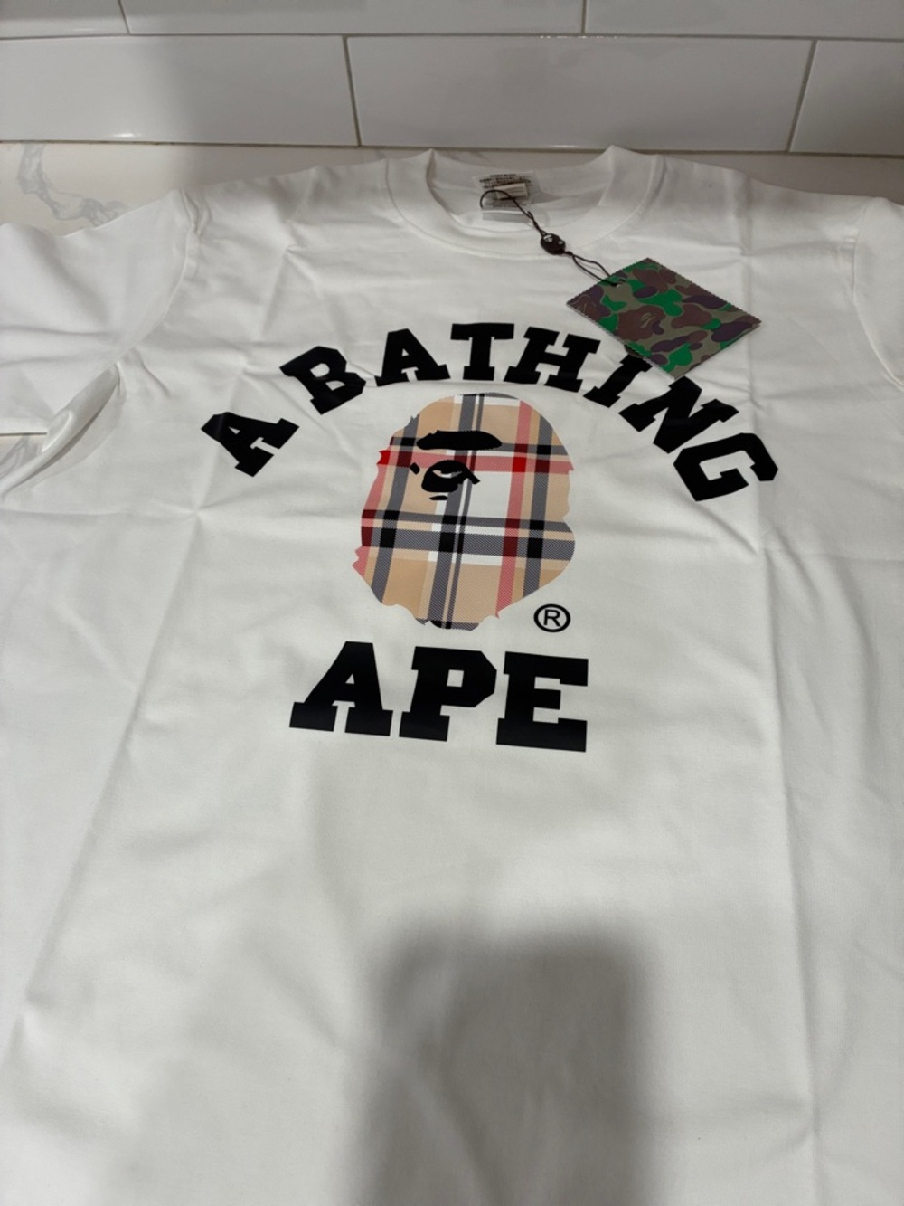 A BATHING APE Crewneck Logo Tee - White with Classic Check Ape Motif